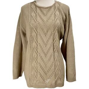 Vintage 90s Cable Knit Sweater LEA Apparel Beige Crewneck Size Large U.S.A